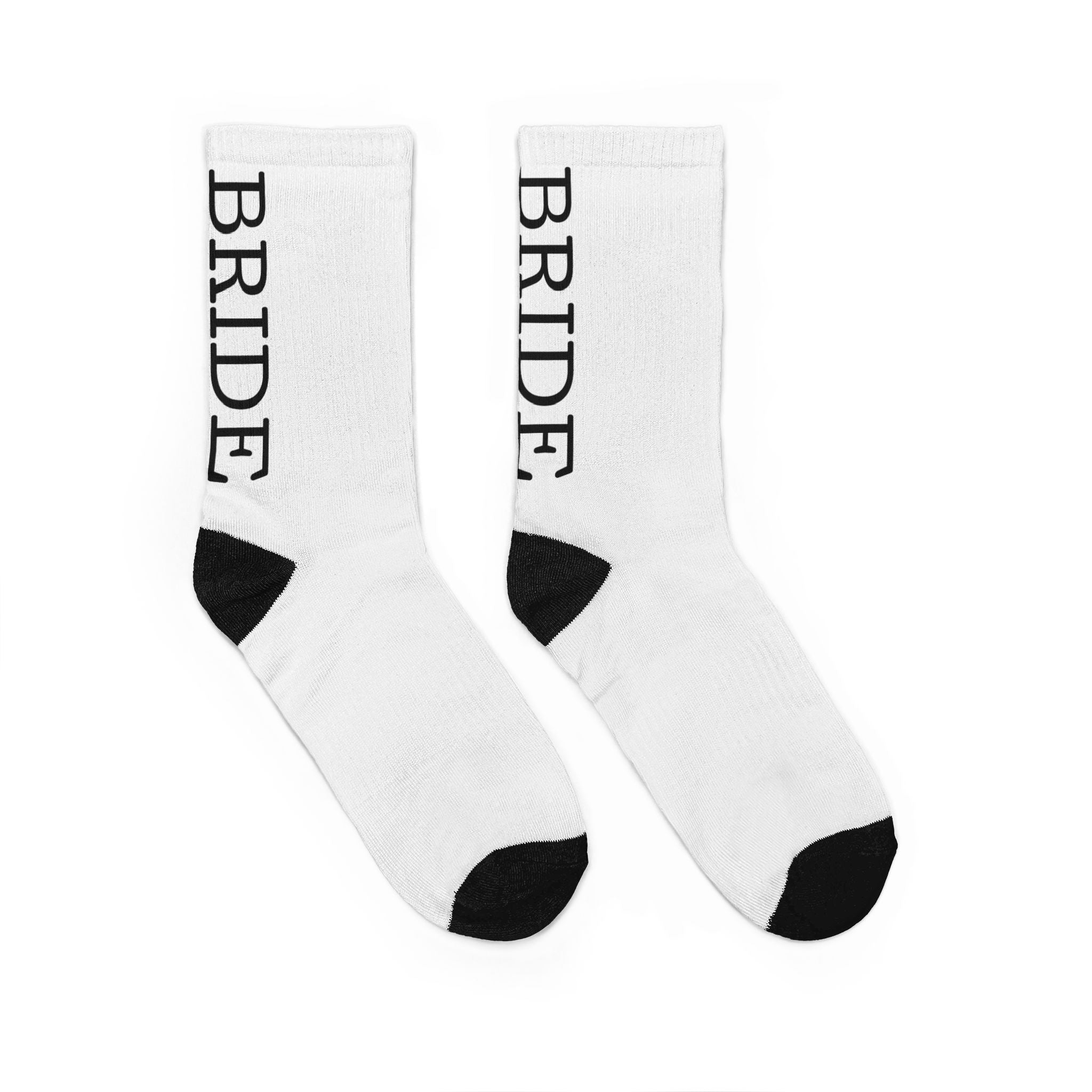 Bride Crew Socks — White Padded Bridal Socks with Vertical “BRIDE” Text
