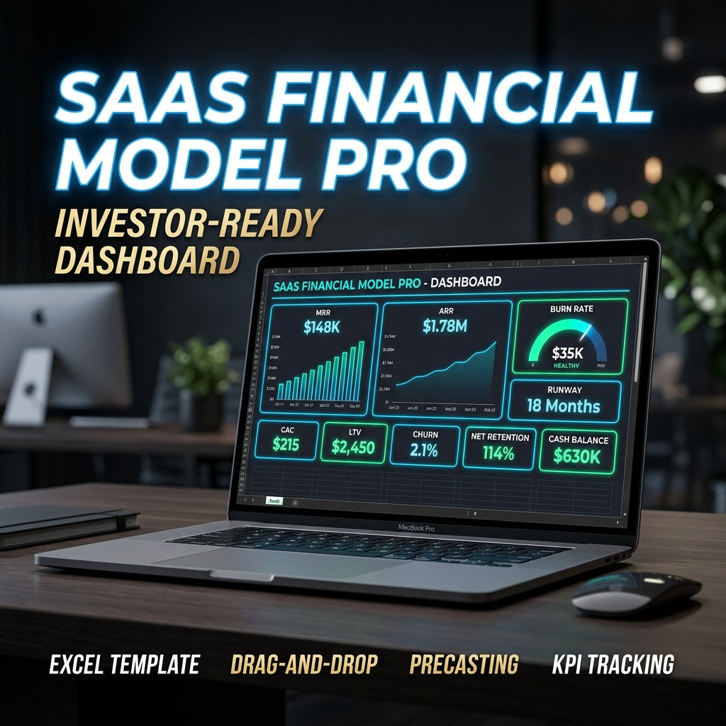 SaaS Financial Dashboard Pro — Startup Financial Model Excel Template | MRR Tracker, Burn Rate Calculator, Revenue Projections | Instant Download
