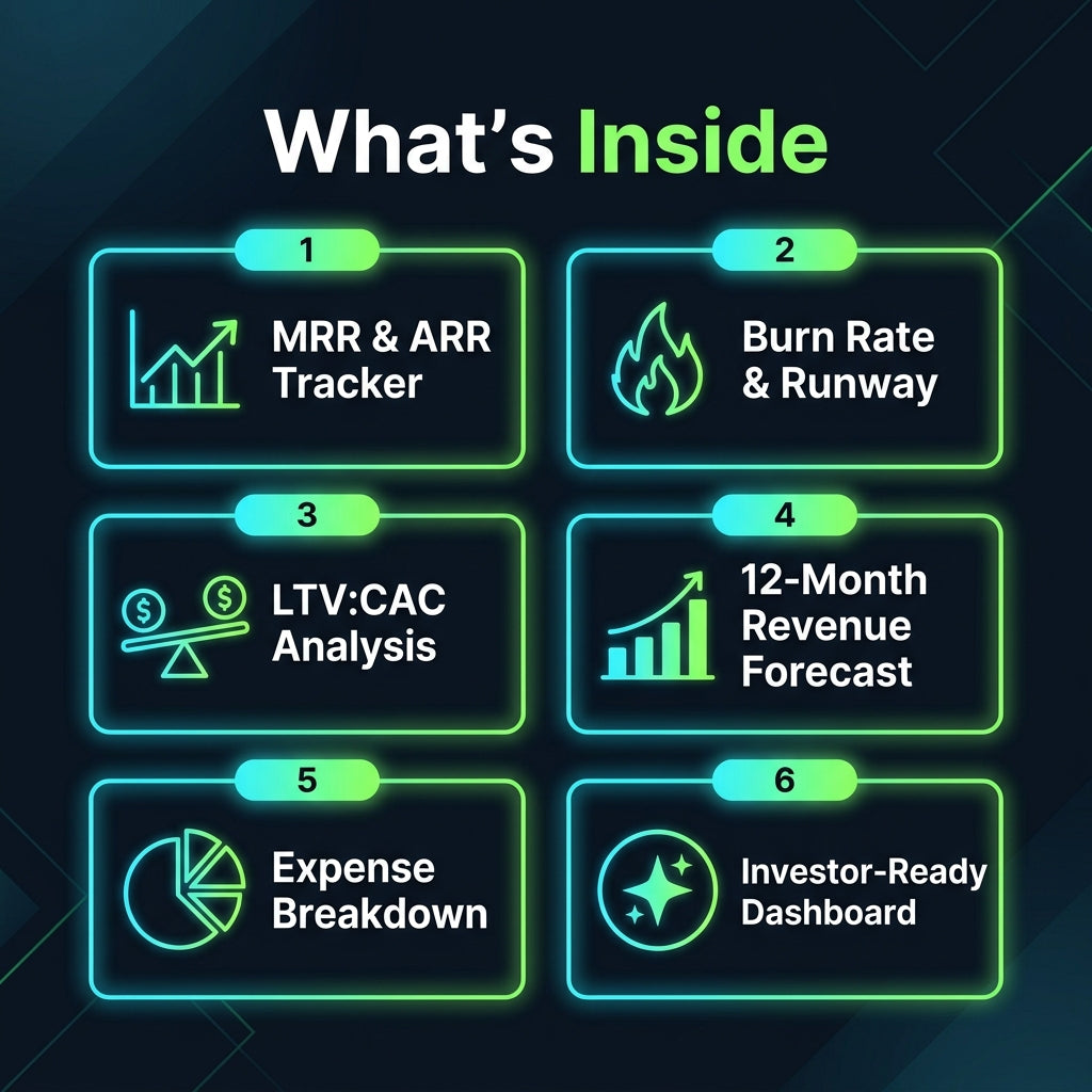 SaaS Financial Dashboard Pro — Startup Financial Model Excel Template | MRR Tracker, Burn Rate Calculator, Revenue Projections | Instant Download