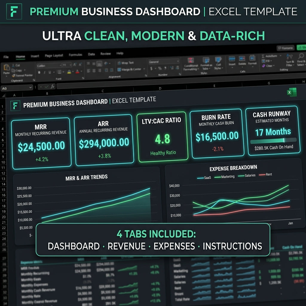 SaaS Financial Dashboard Pro — Startup Financial Model Excel Template | MRR Tracker, Burn Rate Calculator, Revenue Projections | Instant Download